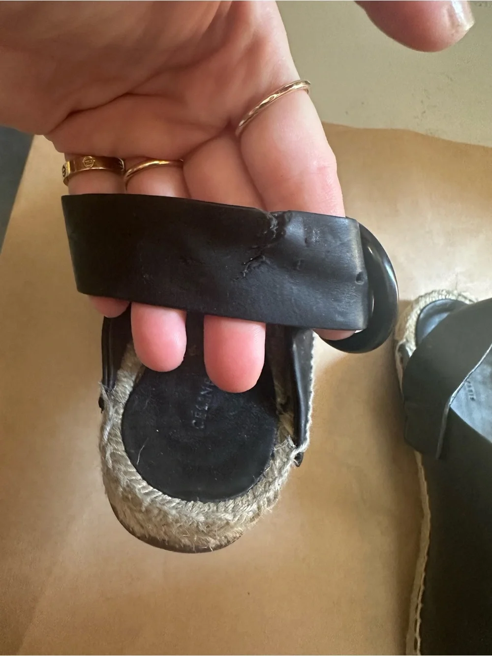 Celine Black Leather Espadrille with Ankle Tie
